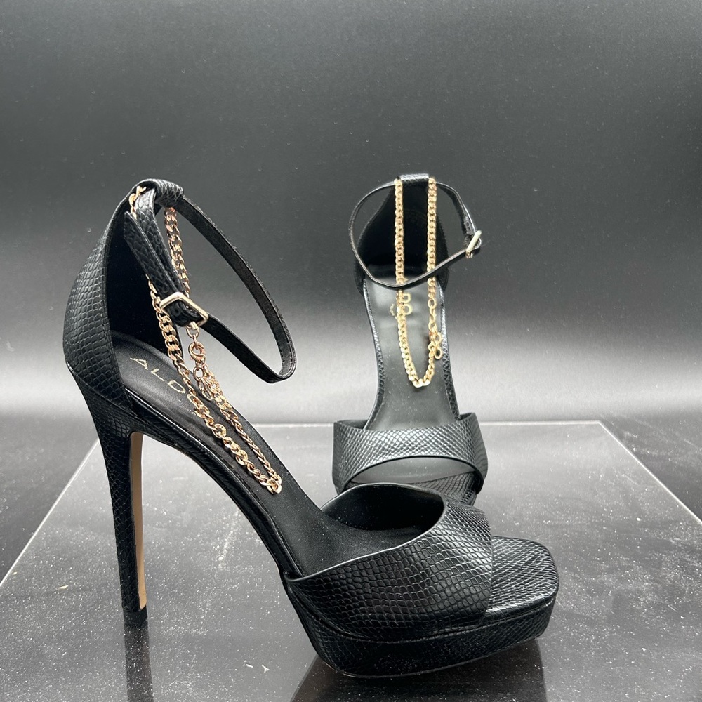 Aldo Black Heels with Gold Chain Detail